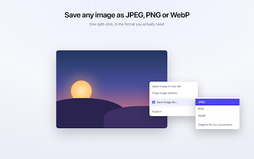 SaveImageAs: Save images as JPEG, PNG or WebP :: Right-click any image and save it as JPEG, PNG or WebP. The conversion runs on your own computer, at a quality you set.