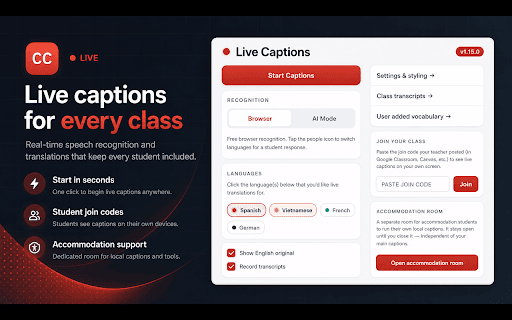 Live Classroom Captions :: Live captions with translation, plus draw and annotate on Docs, Slides, Word, PowerPoint, Canva, and any webpage. For teachers.