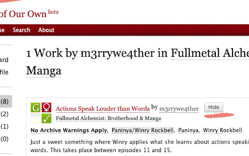 AO3 Fic Hider :: Adds a hide button to AO3 works and a 'Show Hidden Fics' option to restore them.