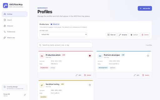 AWS Role Hop :: Launch AWS Console roles and Identity Center profiles from private, local-only lists.