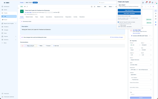 Ticket Link Copier for Freshservice :: Copy a linked Freshservice ticket, problem or change number, with an optional short description, as a clickable link.