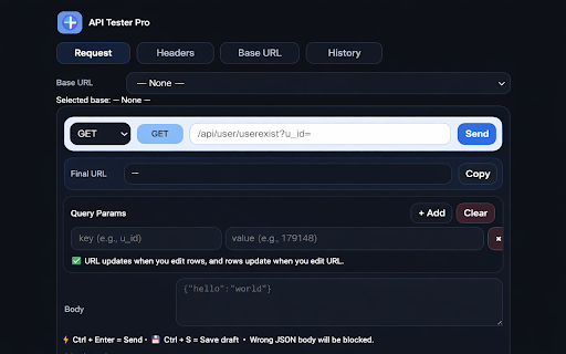 TestAPI Tool :: Lightweight API testing tool with requests, headers, environments, history, and response viewer.