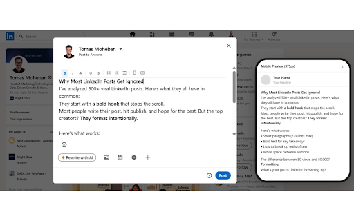 LinkedIn Post Formatter :: Format your LinkedIn posts with bold, italic, lists, and more. Mobile preview included.