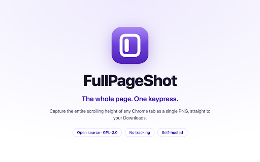FullPageShot :: Open source, self-hosted, no tracking. Full-page screenshot of the current tab's entire scrolling height, in one click.