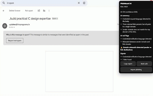 PhishGuard AI :: AI-assisted phishing detection for Gmail: shows risk level, reasons, and recommended actions.
