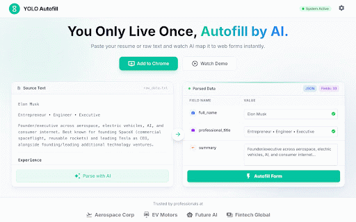YOLO Autofill — AI Form Agent :: You Only Live Once. Boosted by JEV. Fewer forms. More life.