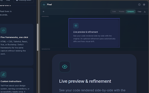 Pixel — Screenshot to Code :: Capture any webpage and convert it to clean HTML/CSS/React code instantly using AI.