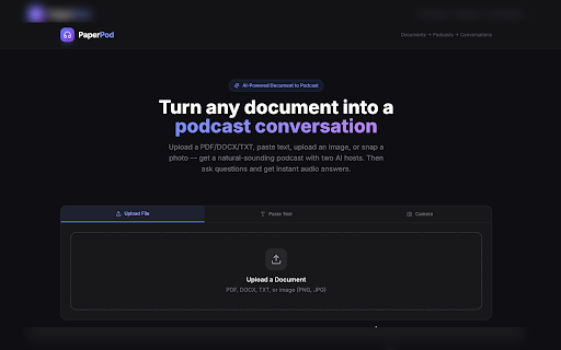 PaperPod — AI Podcast for Research :: Convert PDFs, images, and webpages into AI-generated podcasts. Right-click to upload, listen, and ask follow-up questions.