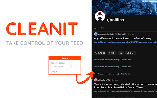 Cleanit :: Cleanit allows users to customize their reddit web feed by filtering out content related to public figures, movements, or topics of…