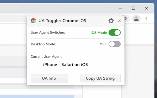 UA Toggle: Chrome iOS :: Toggle default UA vs Chrome for iOS via keyboard, toolbar click, and context menu (global + per-site).