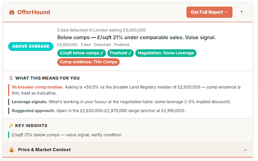 OfferHound — Rightmove Property Insights :: Instant intelligence on every Rightmove listing — comps, EPC, schools, crime, flood, planning, negotiation leverage.