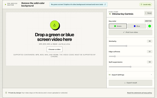 Green Screen Remover for Video :: Remove green or blue screens from local videos and export transparent results. Free, private, and no uploads.