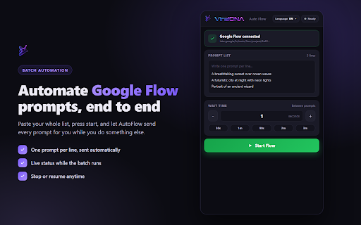 ViralDNA Auto Flow :: Batch-automate your prompts in Google Flow: queue prompts, auto-attach a reference image, and auto-download every result.