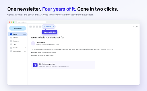 Sweep — Bulk Delete Email by Sender for Gmail :: Delete every email from one sender in two clicks. Filter by age, size or read state first. No sign-in, nothing leaves your browser.