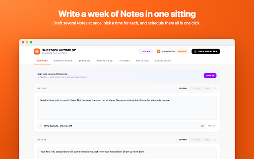 Substack Autopilot — Designed for Writers :: Schedule and auto-publish your Substack Notes with AI writing assistance. Write, queue, and post notes at the perfect time.