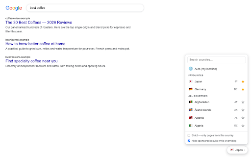 Google Country Override :: Search Google as if you're in another country while keeping results in your language. Pick any country and pin your favourites.