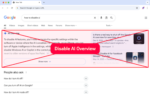 Clean Search - No AI Results in Google :: Chrome extension to hide Google's AI results and overview. Clean up search results, remove summaries, and browse distraction-free