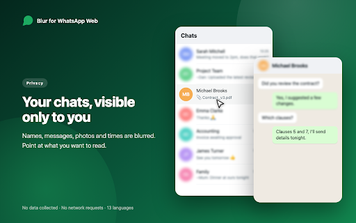 Blur for WhatsApp Web: Privacy & Hide Chats :: Privacy for WhatsApp Web: blur and hide chats, names, photos and messages from onlookers and screen sharing. Hover to reveal.