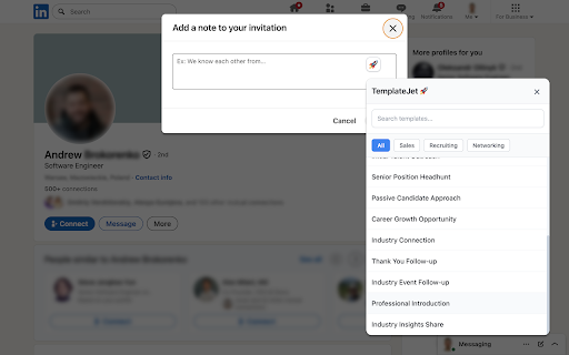 TemplateJet - message templates for LinkedIn, Telegram & WhatsApp :: Save time and get more replies with one-click personalized templates for LinkedIn, Telegram & WhatsApp. Fast, easy, effective.