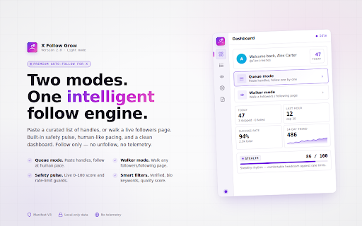 X Follow Grow - Safe & Smart Auto Follow Tool for X/Twitter :: Smart auto follow extension for X/Twitter with queue mode, smart filters, safe automation, and human-like behaviour.