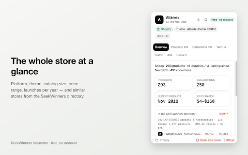 Shopify Store Inspector by SeekWinners :: See how any Shopify store is built and marketed: products, best sellers, collections, tech, traffic, ads. Free, no account.