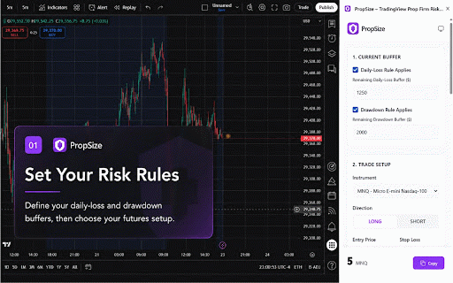 PropSize – TradingView Prop Firm Risk Calculator :: Calculate futures position size and risk from your daily-loss and drawdown buffers while using TradingView.