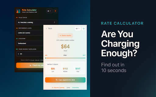 Freelance Rate Calculator :: Calculate your freelance developer hourly rate in 10 seconds based on tech stack, experience, and location.