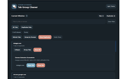 Tab Group Cleaner :: Review open tabs, close duplicates, sort by domain, and save sessions.