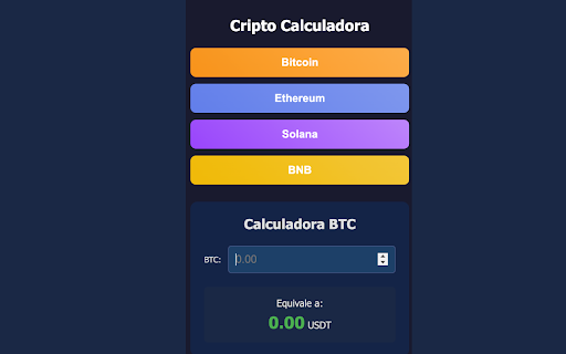 Cripto Calculadora Rápida :: Calcula el valor de Bitcoin, Ethereum, Solana y BNB a USDT en tiempo real.