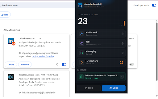 LinkedIn Boost AI :: Analyze LinkedIn job descriptions and match them with your CV using AI.