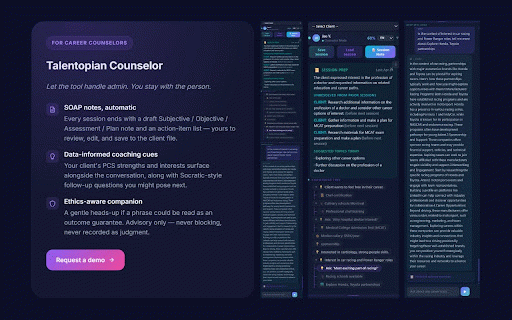 Talentopian Counselor — Live Coaching & Session Notes :: AI copilot for career counselors. Live client context and PCS coaching cues, plus auto SOAP session notes for Google Meet and Zoom.