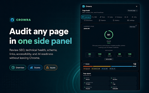 Crowra — SEO Audit & AI Readiness :: Audit SEO, schema, PageSpeed, links, accessibility, and AI/GEO readiness in a private Chrome side panel.
