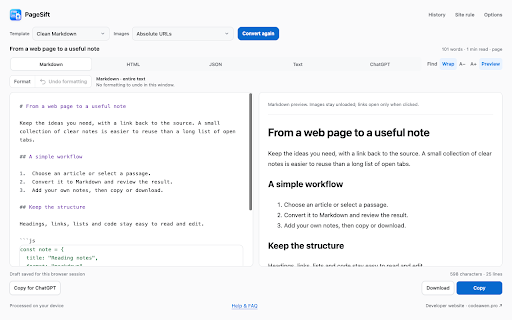 PageSift — Web to Markdown :: Convert pages to Markdown. Edit and preview locally, then copy or export to Markdown, HTML, JSON and text.
