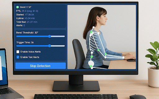 AI Posture Assistant :: Local AI posture monitor: real‐time, adjustable bend & duration, adaptive, built-in alarm & countdown, fully local & GDPR-compliant.