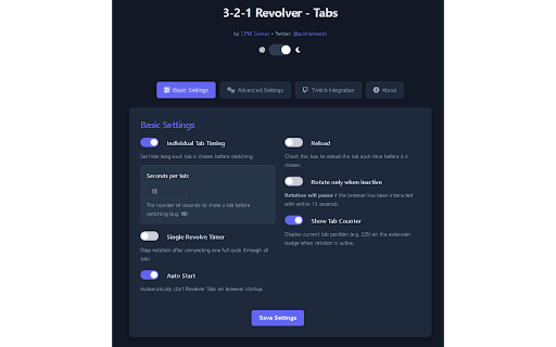 3-2-1 Revolver - Tab Rotator & Twitch Auto-Reloader :: Automatically rotate through open tabs and auto-refresh Twitch player on errors. (Right Click To Open Options & To Start Extension.)