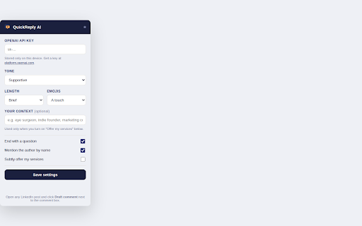 QuickReply AI — Comment Assistant for LinkedIn :: Generate thoughtful LinkedIn comments instantly with AI. Pick a tone, length, and style — QuickReply drafts it for you.