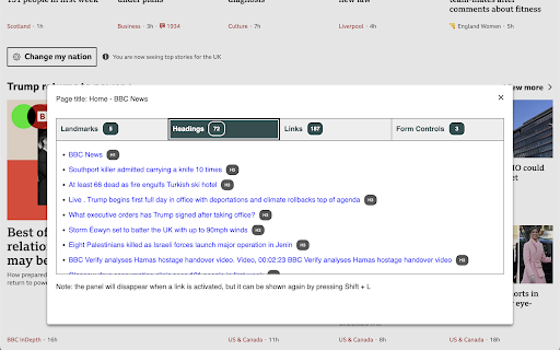 Navigate like a screen reader :: Finds landmarks, headings, links and form controls on a page and lets you navigate with them, much as a screen reader user can)