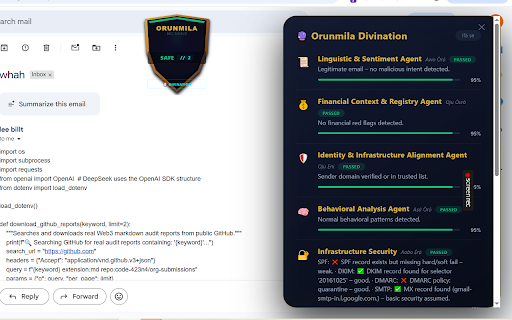 Orunmila BEC Shield :: AI-powered(agent) protection against Email scams, invoice scams and phishing attacks Real‑time threat detection for your inbox.
