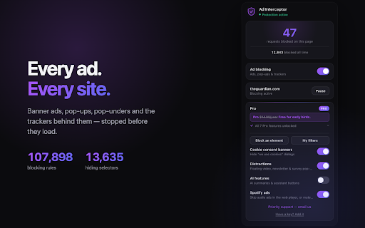 Ad Interceptor — Ad Blocker & Pop-up Blocker :: Blocks every ad — banners, pop-ups, video ads, pop-unders and the trackers behind them. Aggressive by default.