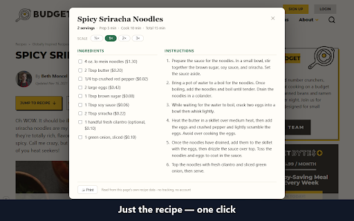 Recipe Distiller — Clean Recipe View :: Turn any recipe page into a clean, printable card — just ingredients and steps, with one-tap scaling. No ads, no life stories.