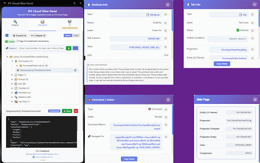 IFS Cloud Wise Panel :: Inspect IFS Cloud pages, view metadata and SQL, analyze list data, and export grouped results to Excel.