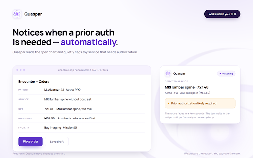 Quaspar :: Cuts administrative work for specialty practices — starts with prior auths, filled from the chart for the doctor to review.