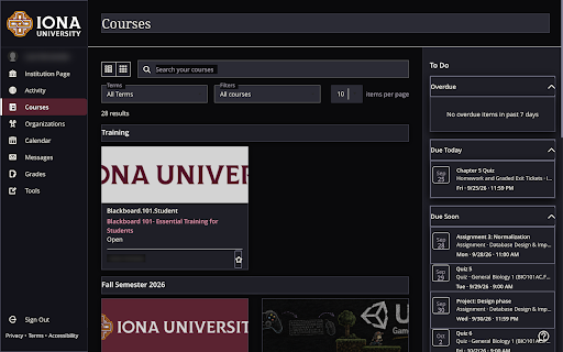 Blackboard Dark Mode - DarkBoard :: Dark mode for Blackboard Ultra at Iona University. No setup, no white flash, just a readable LMS at 2am.