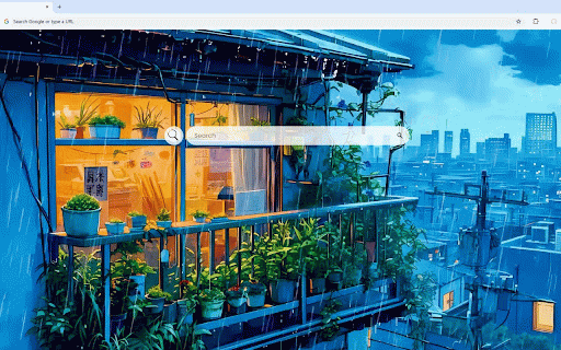 Raining in Japan Live Wallpaper :: Cozy balcony garden glows warmly against rain-drenched blue cityscape of Tokyo.