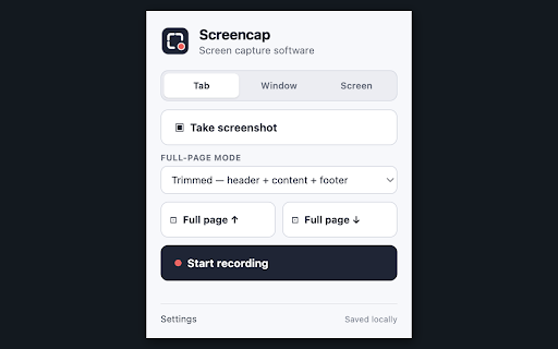 Screencap :: Capture screenshots, full-page scrolling captures with a built-in crop editor, and tab/window/screen recordings.