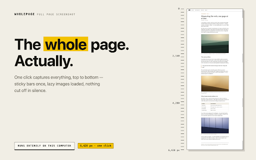 WholePage – Full Page Screenshot :: Captures the whole page — top to bottom — as one image or PDF. Everything stays on your computer. Free and open source.
