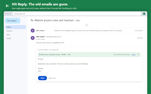 ThreadTrim: Trim Quoted Text in Gmail Replies :: Stop sending the whole conversation. Removes the previous emails quoted under your Gmail™ replies, so every message stays short.