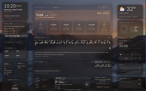 Muslim Tab :: A beautiful Islamic new tab with prayer times, Quran verse, Hadith, Tasbih counter, Qibla direction, and 99 Names of Allah.