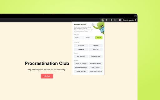 Viewport Wiggler :: Show viewport size and resize Chrome window to custom dimensions.