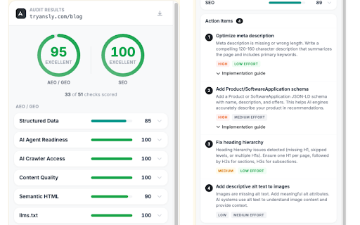 Ansly — Free AEO / GEO / SEO Checker :: Instant AEO, GEO & SEO audit for any website. Check structured data, AI crawler access, semantic HTML, and more.